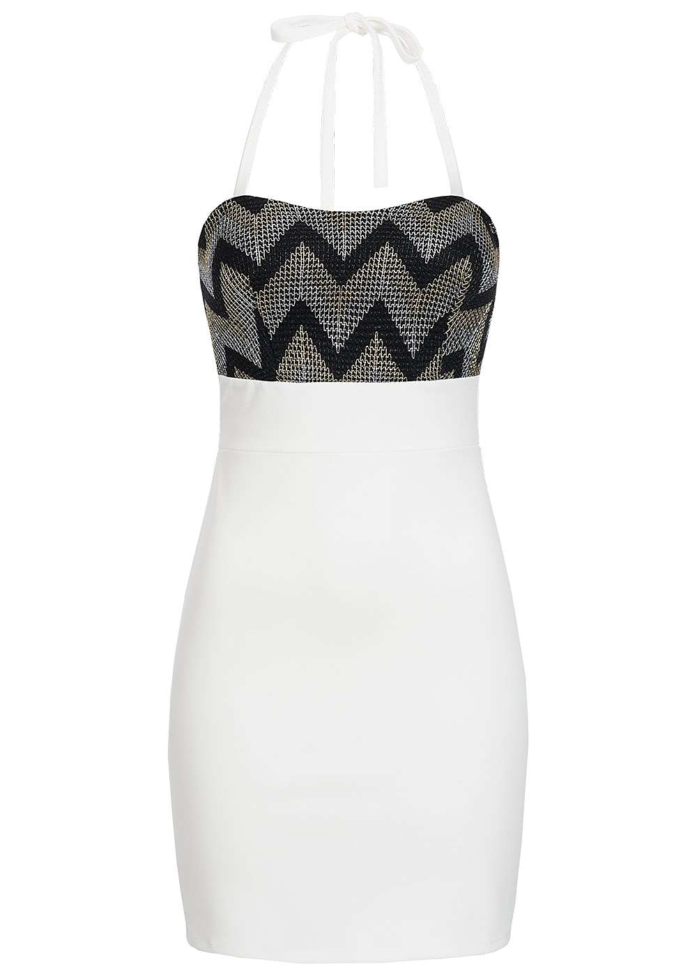 Styleboom Fashion Damen Mini Neckholder Kleid Brustpads Zipper Glitter Optik Weiss 77onlineshop